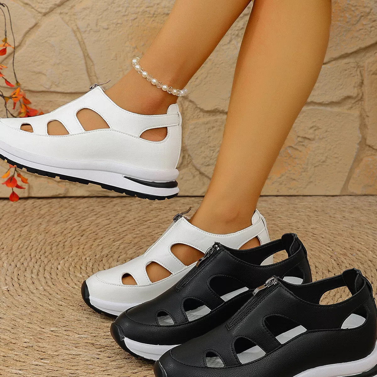 Cutout Zipper Wedge Sneakers -