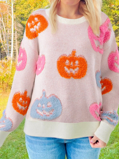 Cute Pumpkin Pattern Sweater - Dusty Pink