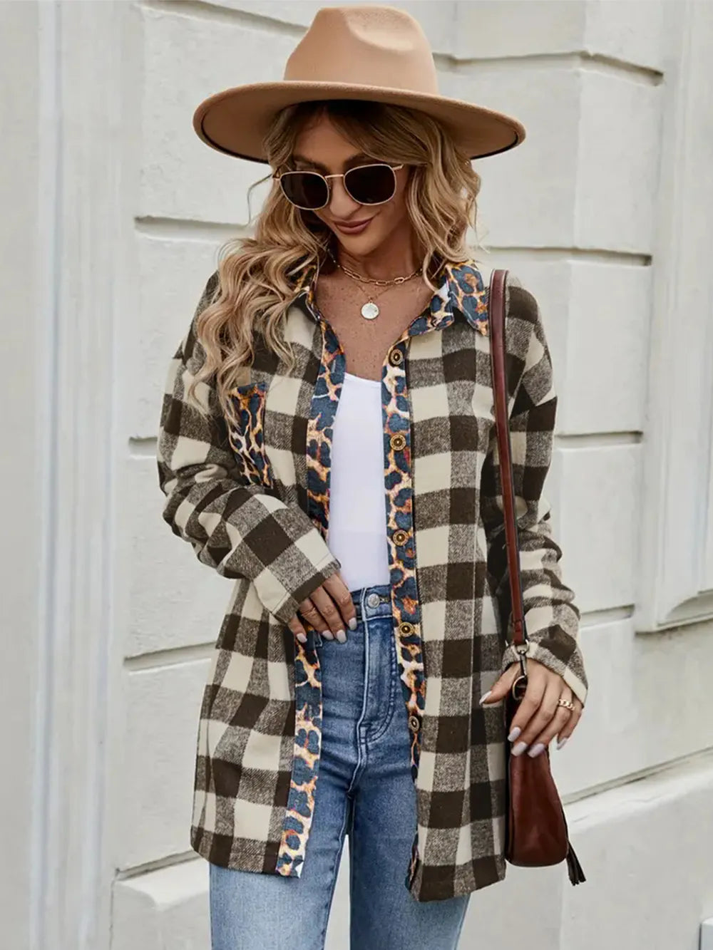 Leopard Trim Plaid Collared Neck Shirt - Coffee Brown