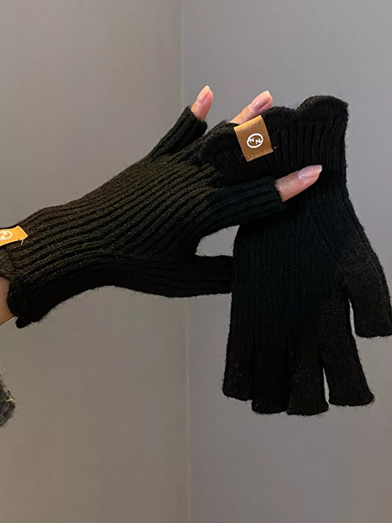 Fingerless Knitted Gloves - Black One Size