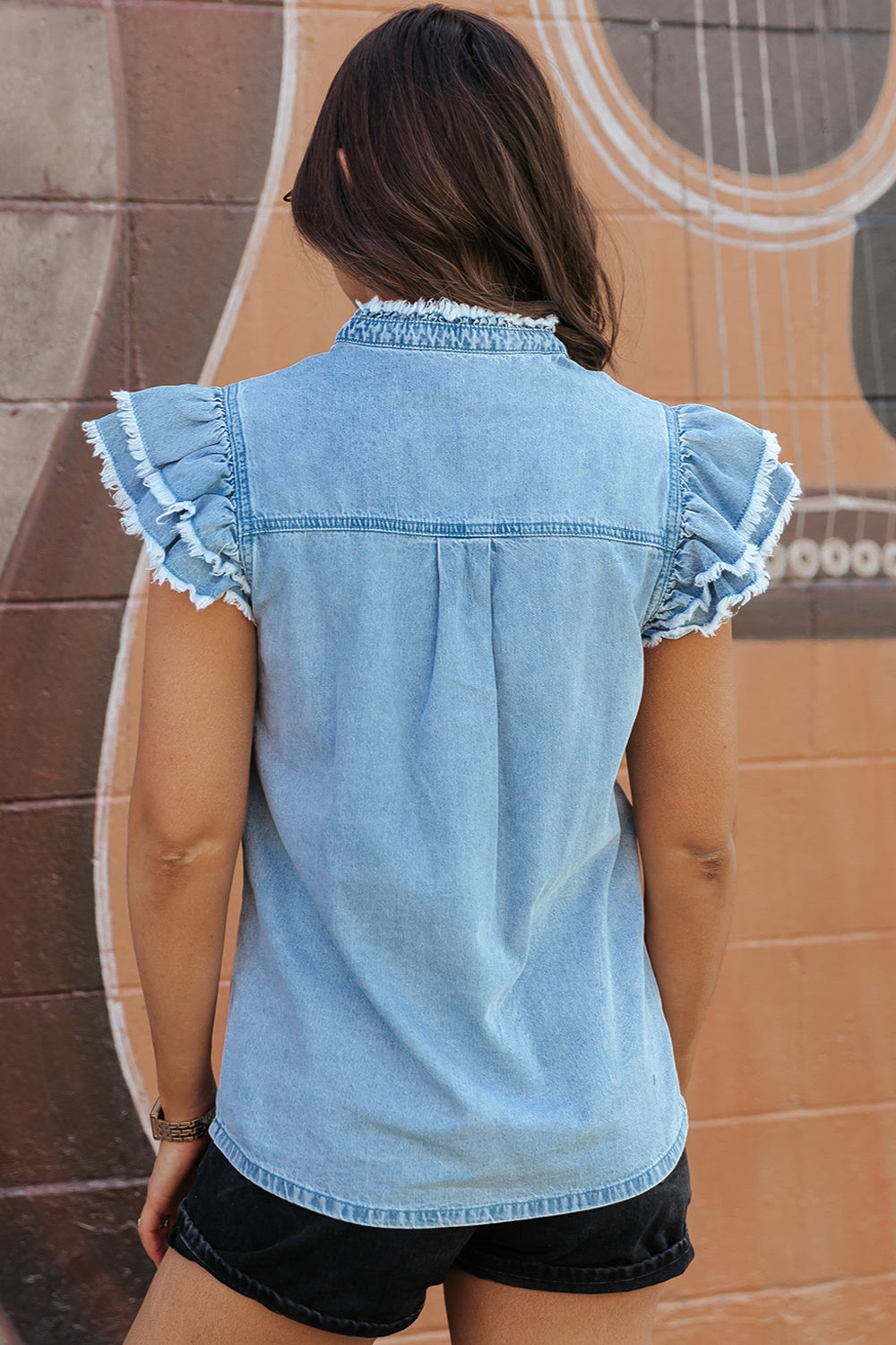 Raw Hem Button Up Cap Sleeve Denim Top - Light