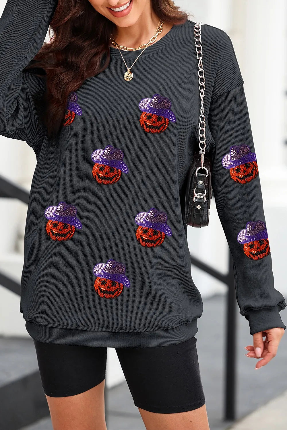 Sequin Pumpkin Long Sleeve Sweatshirt -