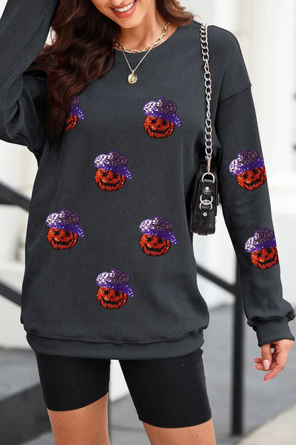 Sequin Pumpkin Long Sleeve Sweatshirt -