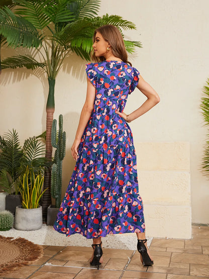 Floral V-Neck Cap Sleeve Summer Dress -