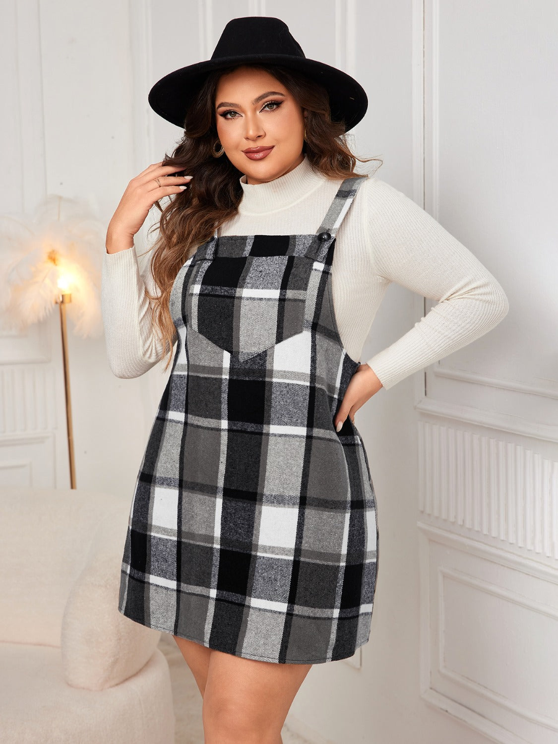 Plus Size Plaid Wide Strap Overall Dress - Black