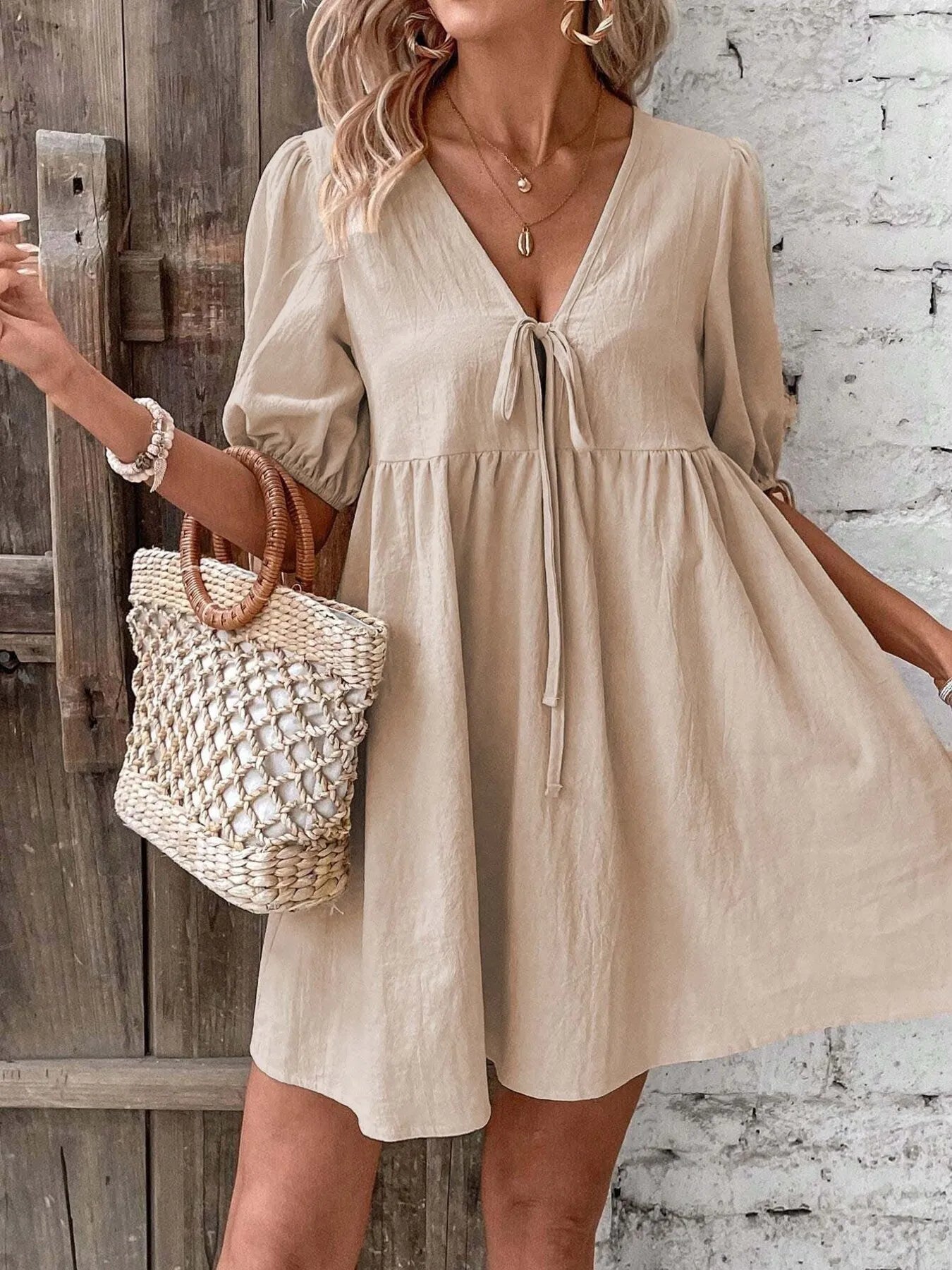 V-Neck Puff Sleeves Mini Dress -