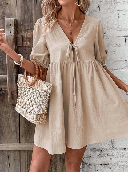 V-Neck Puff Sleeves Mini Dress -
