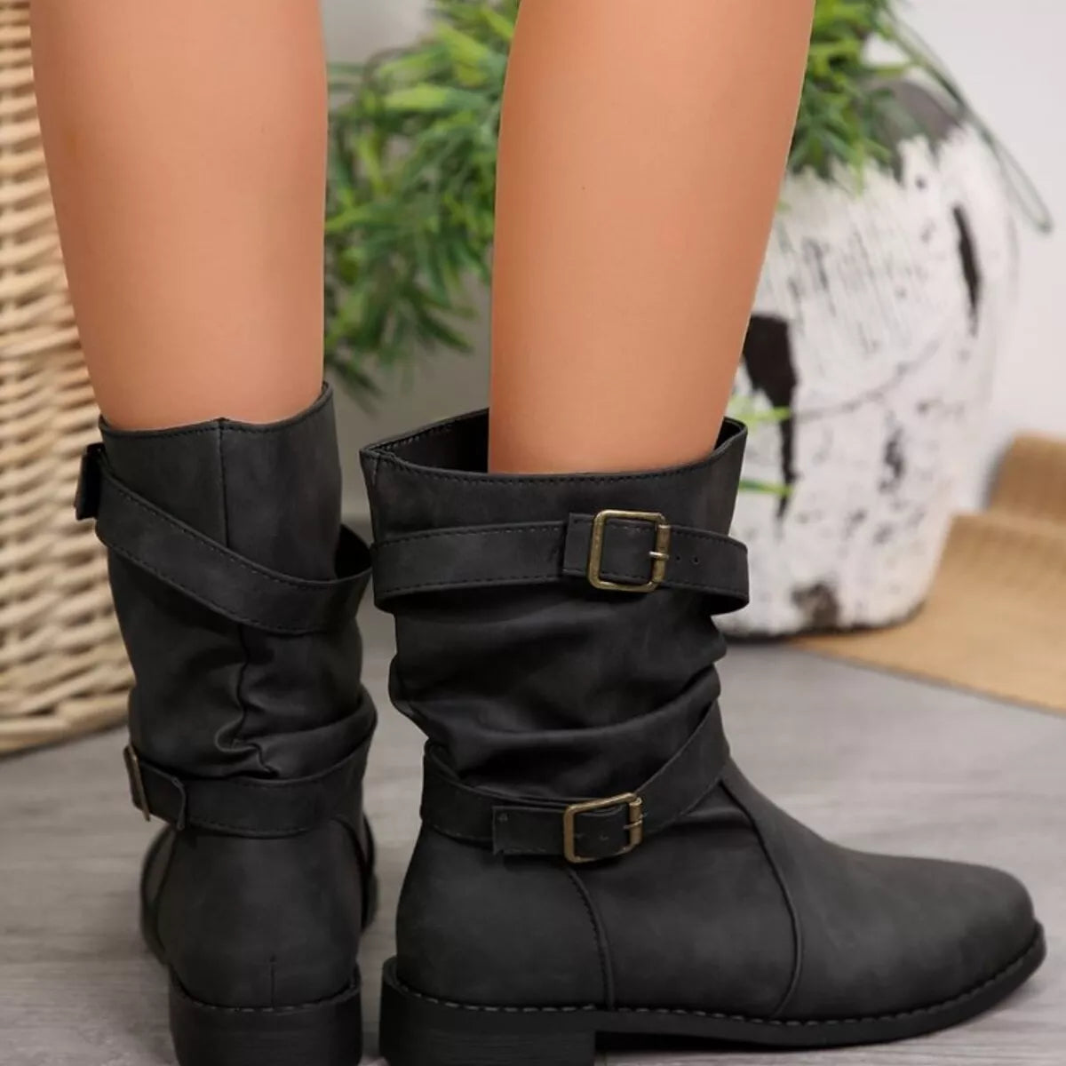 Buckled Low Heel Boots - Black