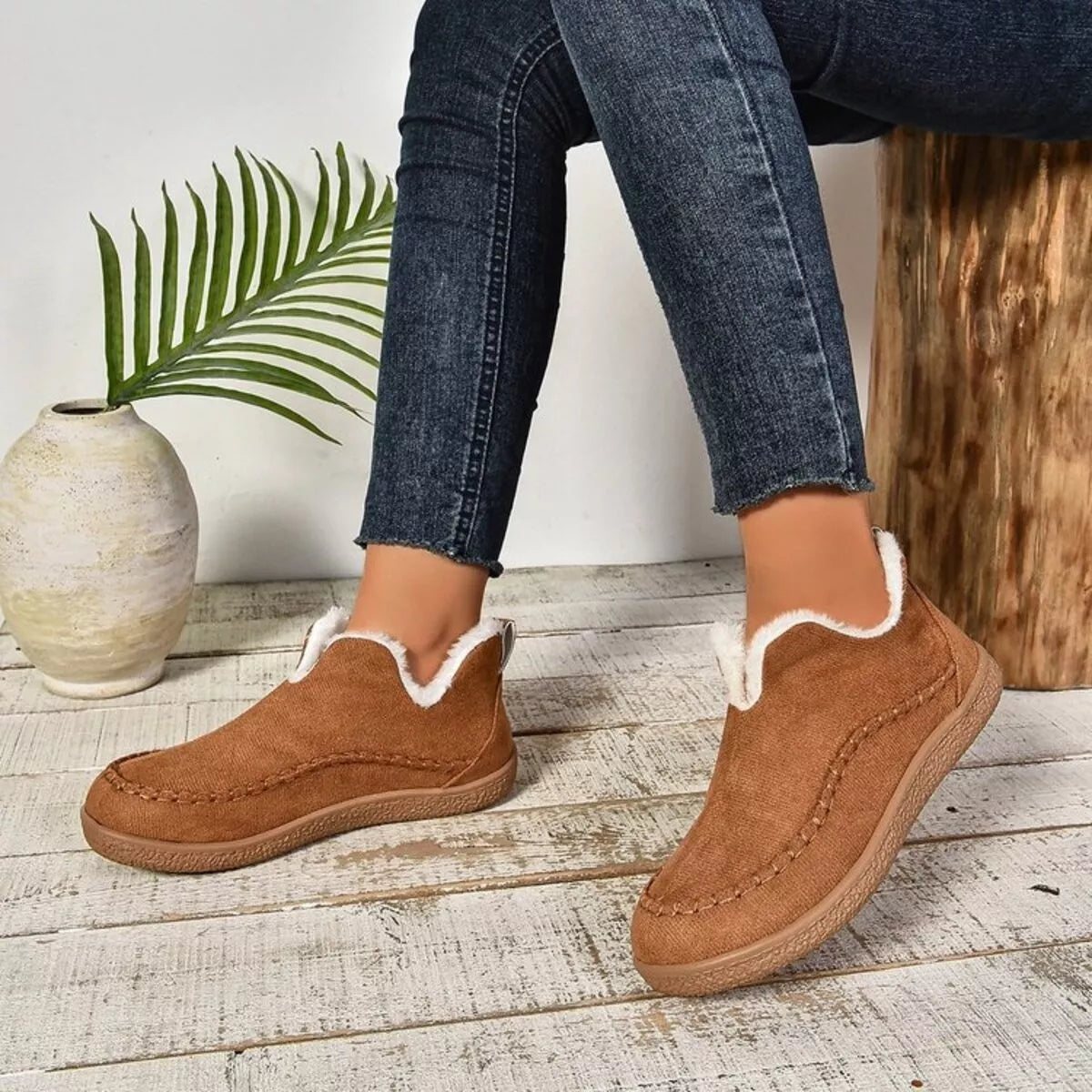 Round Toe Sherpa-Lined Slip-Ons - Caramel
