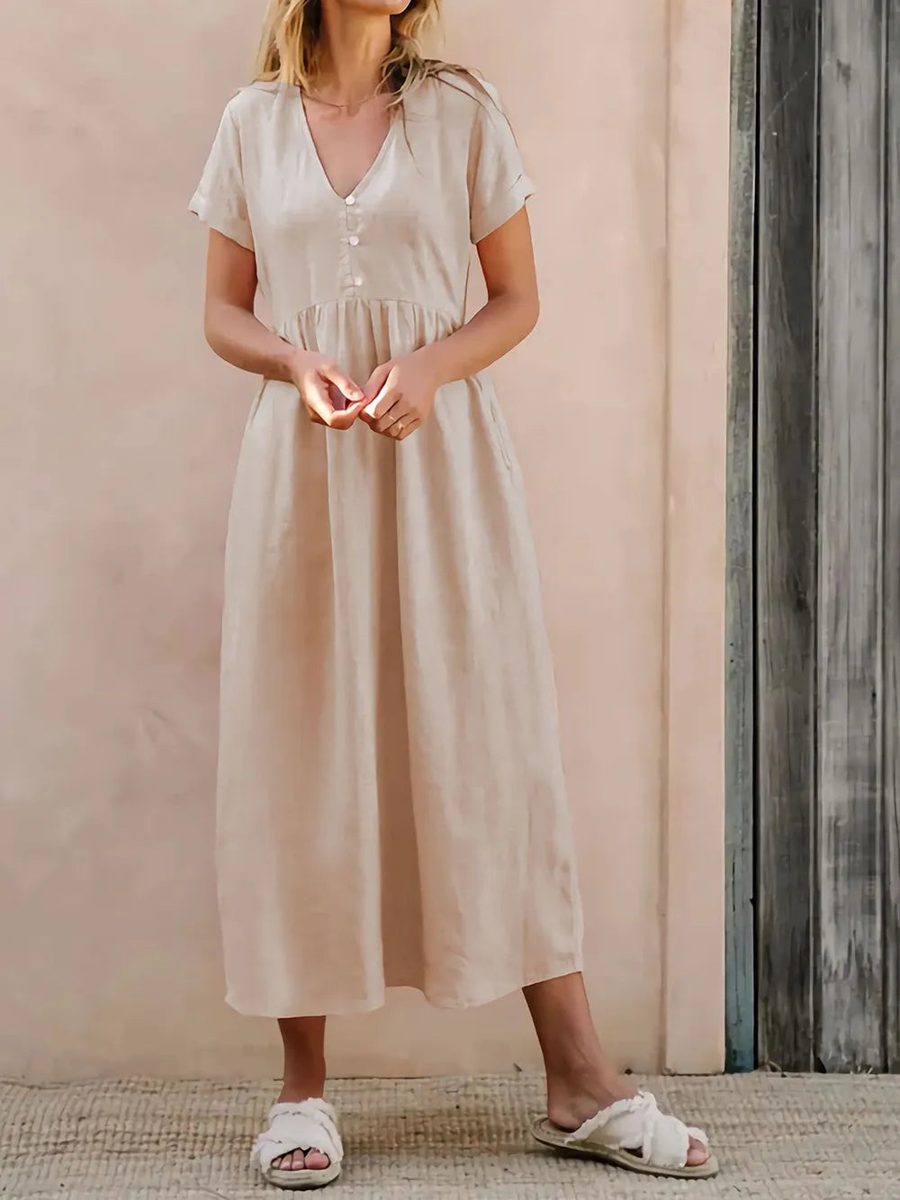 V-Neck Short Sleeve Midi Dress -