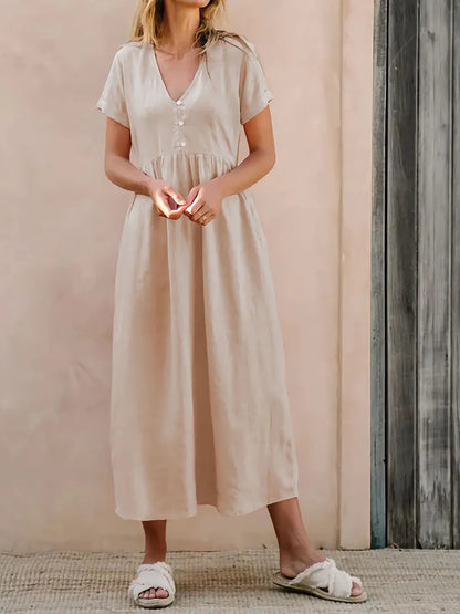 V-Neck Short Sleeve Midi Dress -