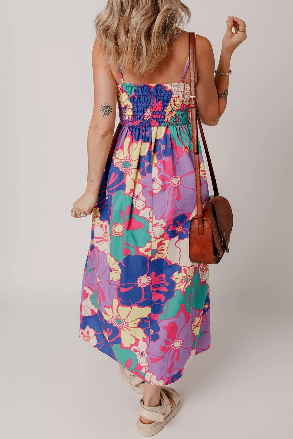 Floral Print Shirred Loose Maxi Dress -