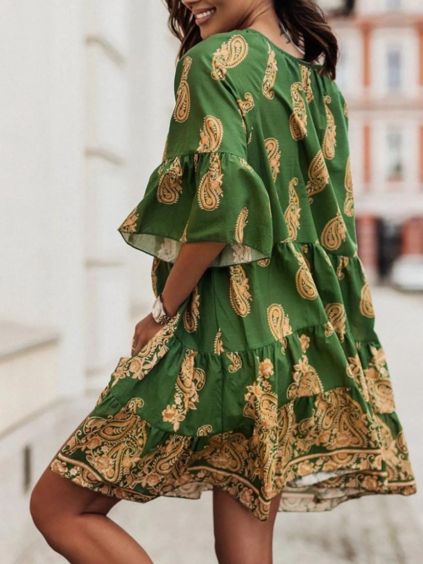 Paisley Print Tie Neck Half Sleeve Mini Dress -