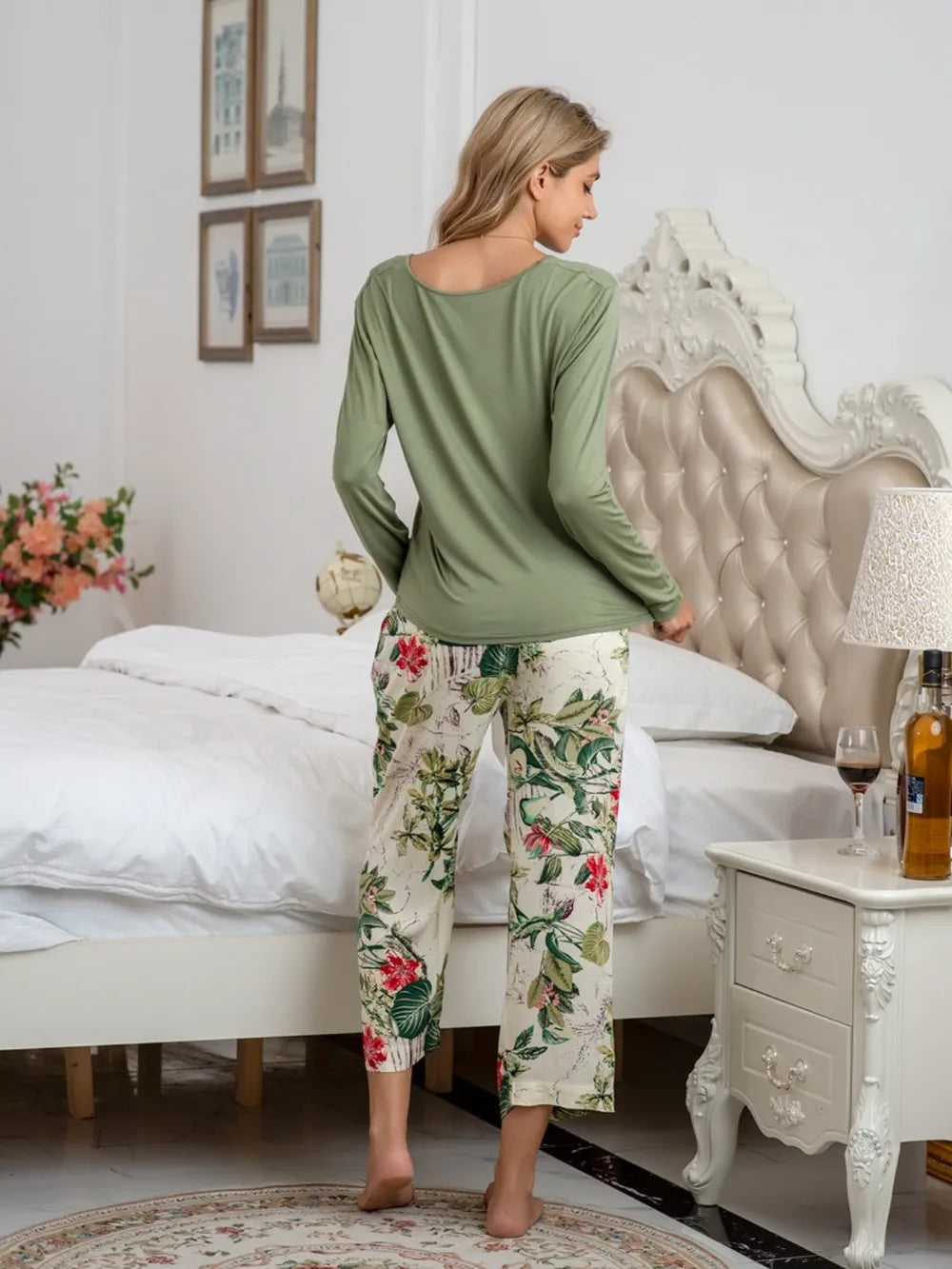 Round Neck Top and Printed Pants Lounge Set -