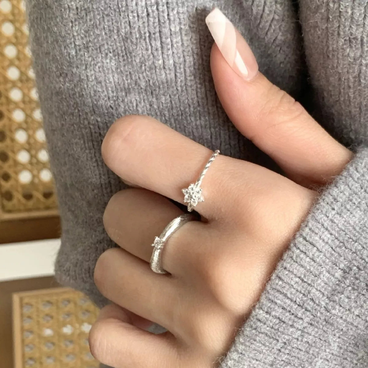Sterling Silver Zircon Flower Open Ring -