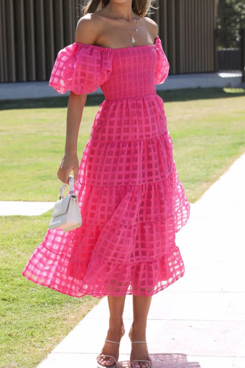 Off Shoulder Short Puff Sleeve Midi Dress -
