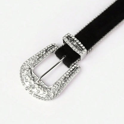 PU Leather Inlaid Rhinestone Belt -