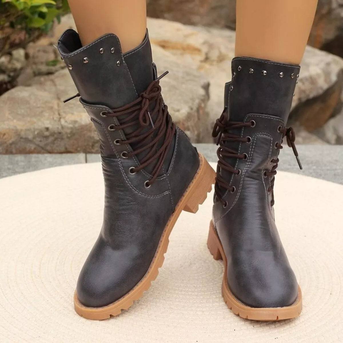 Studded Lace-Up Boots - Dark Gray