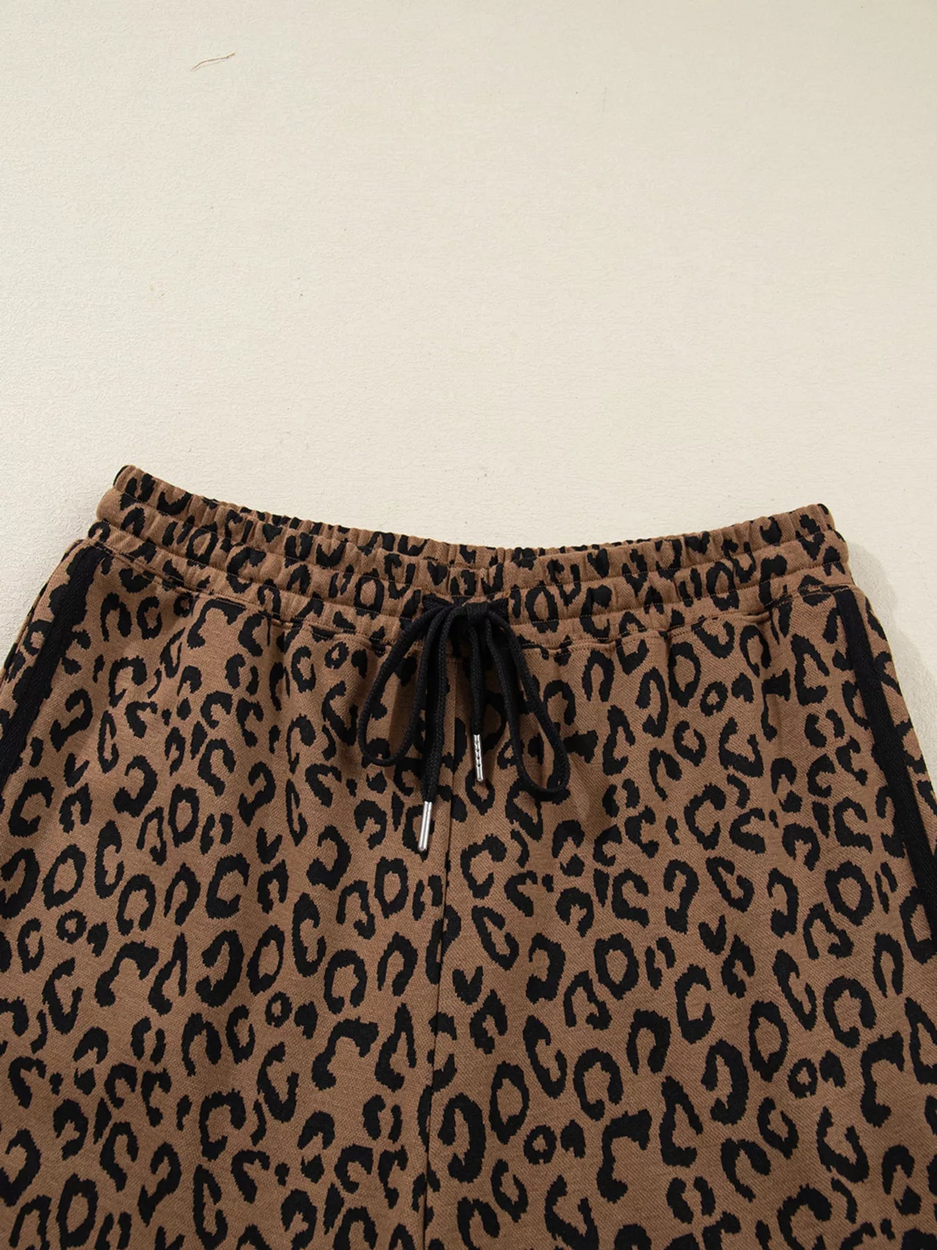 Striped Trim Leopard Long Sleeve Top Drawstring Pant Set -