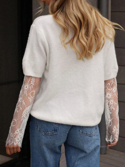 Lace Sleeve Patchwork Faux Fuzzy Sweater -