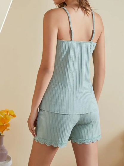 Lace-Trimmed Ribbed Cami and Shorts Lounge Set -