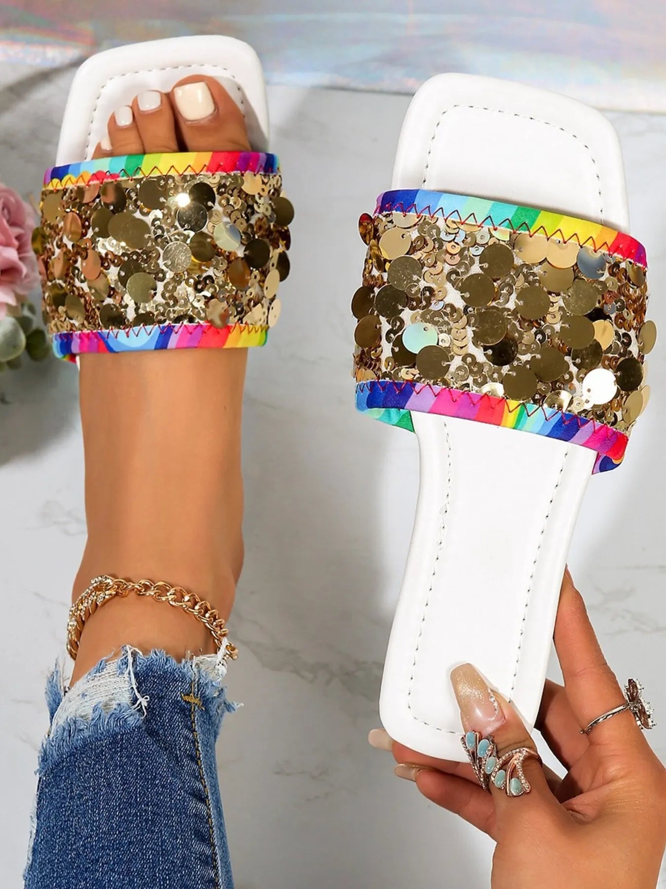 Rainbow Sequin Slide Sandals - Rose Gold