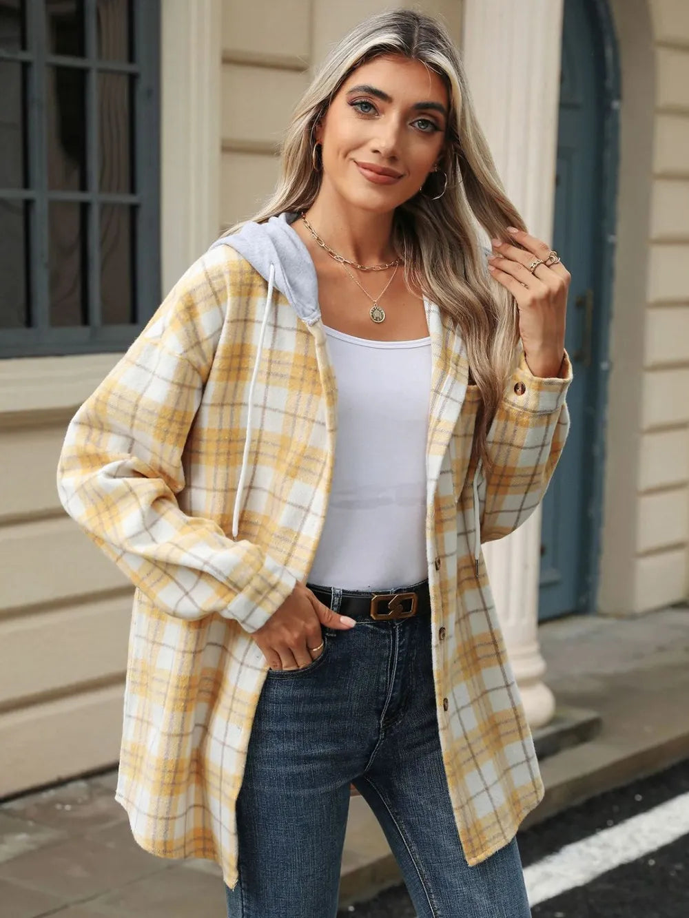 Drawstring Plaid Button Up Hooded Jacket -
