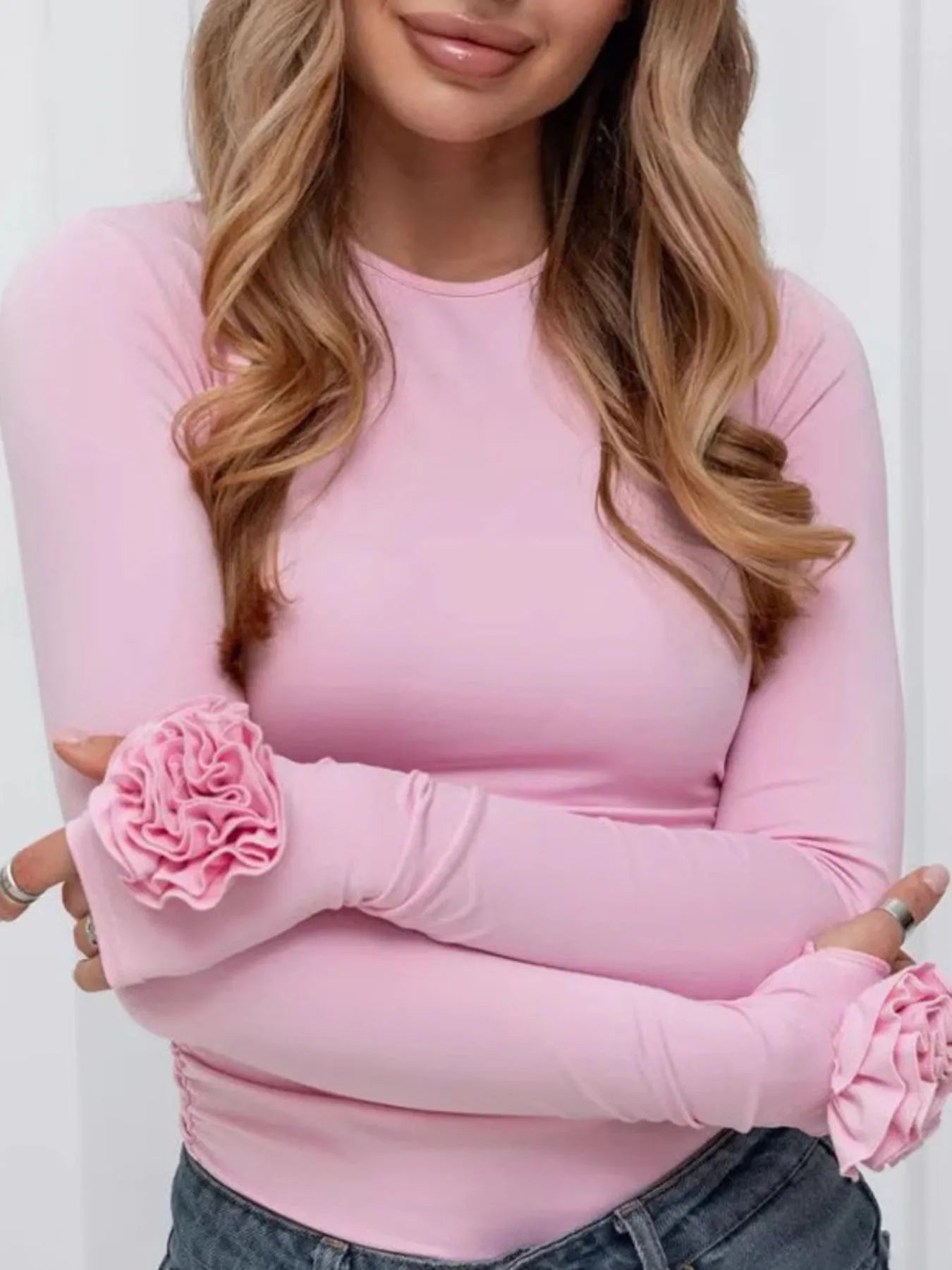 Flower Round Neck Long Sleeve T-Shirt - Blush Pink