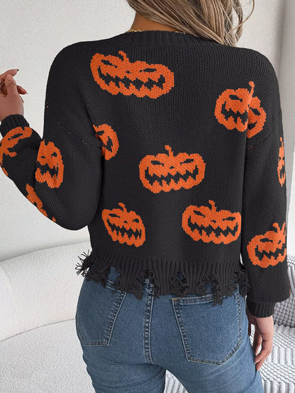 Pumpkin Pattern Raw Hem V-Neck Sweater - Black