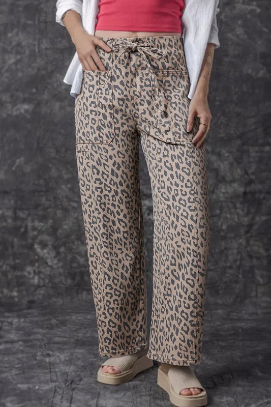 Leopard Printed Waist Wide Leg Jeans - Brown