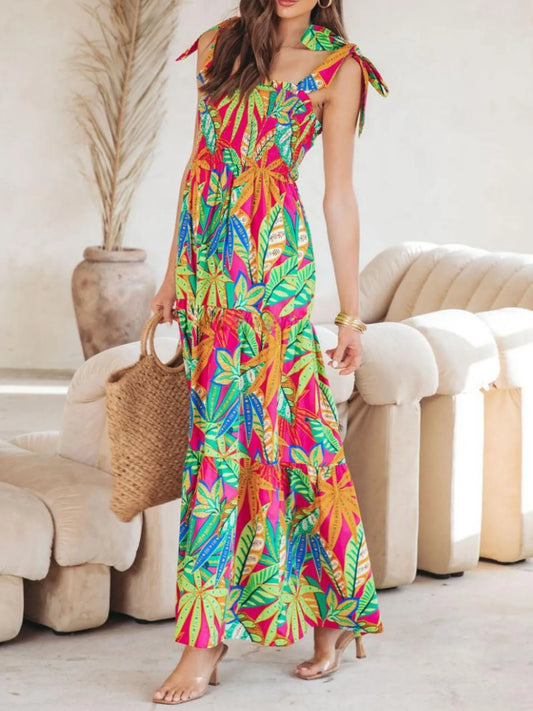 Tropical Print Tie Shoulder Maxi Dress - Green