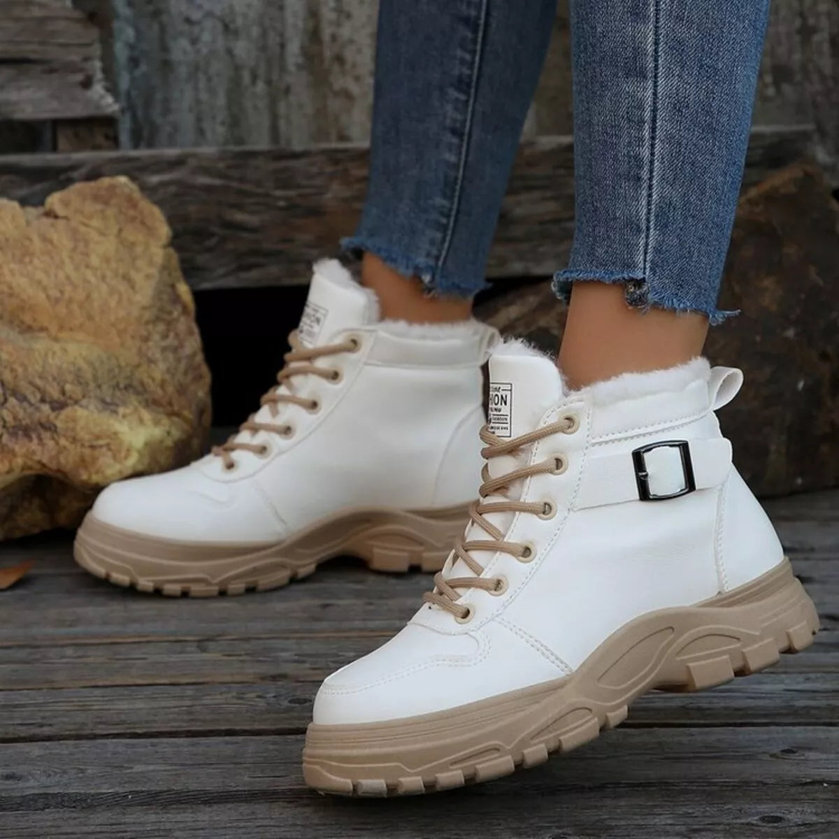 Warm Lined Ankle Boots with Buckle Detail - White