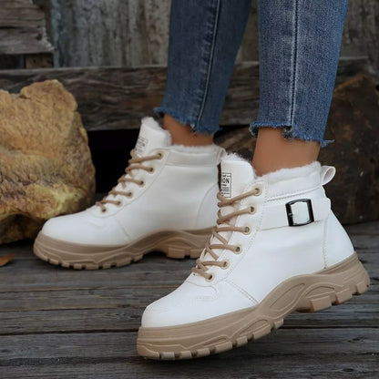 Warm Lined Ankle Boots with Buckle Detail - White