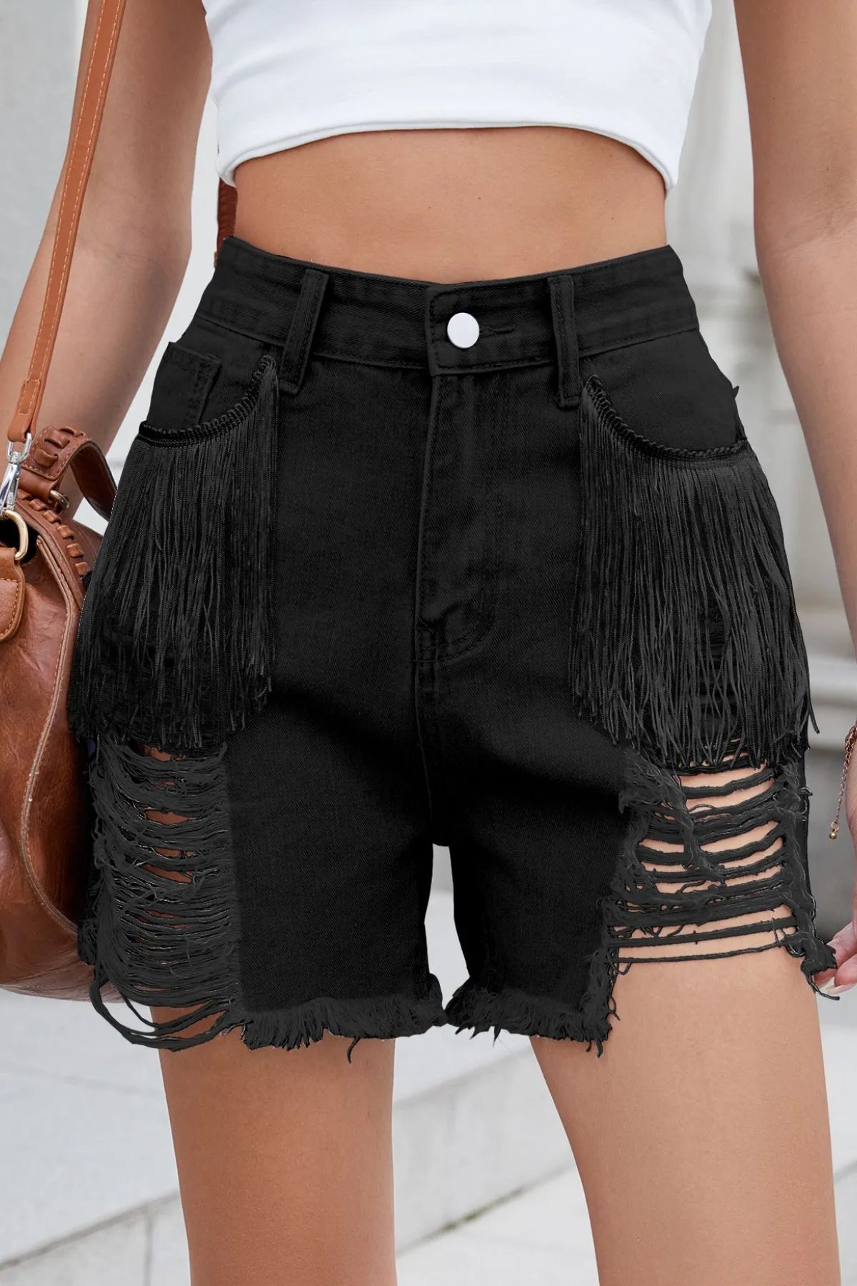 Distressed Fringe Denim Shorts - Black