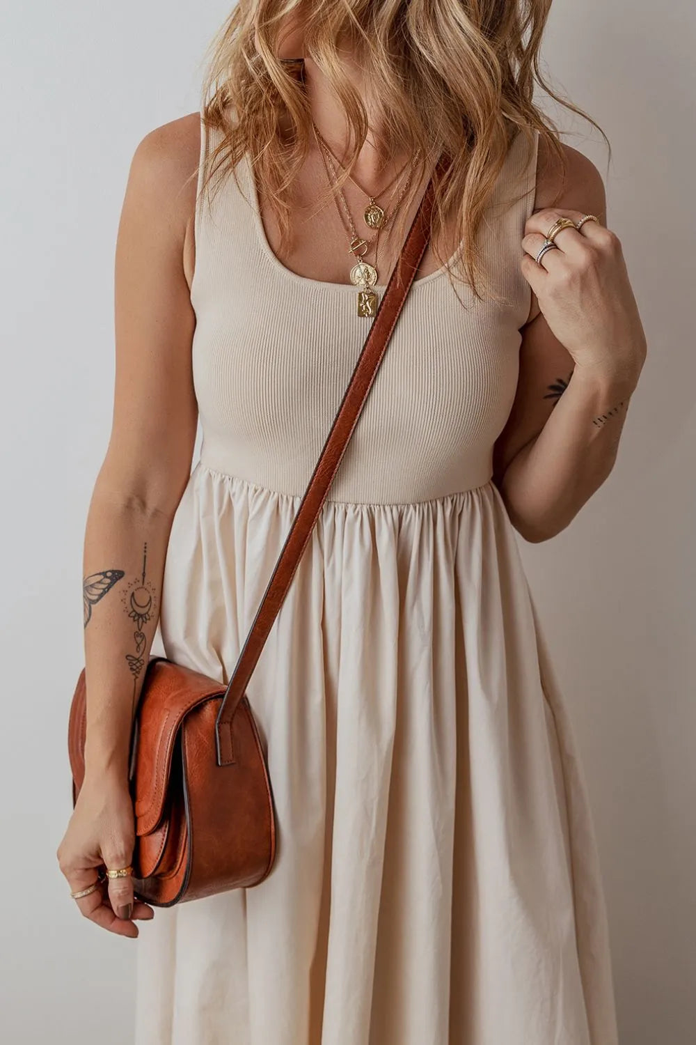 Scoop Neck Ribbed Bodice Midi Tank Dress -