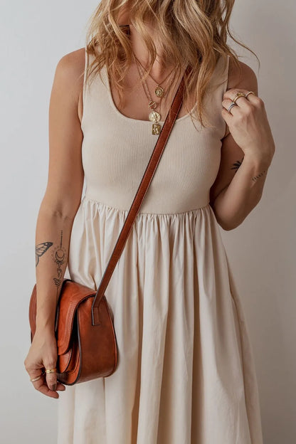 Scoop Neck Ribbed Bodice Midi Tank Dress -