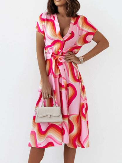Printed Button Front Midi Dress -