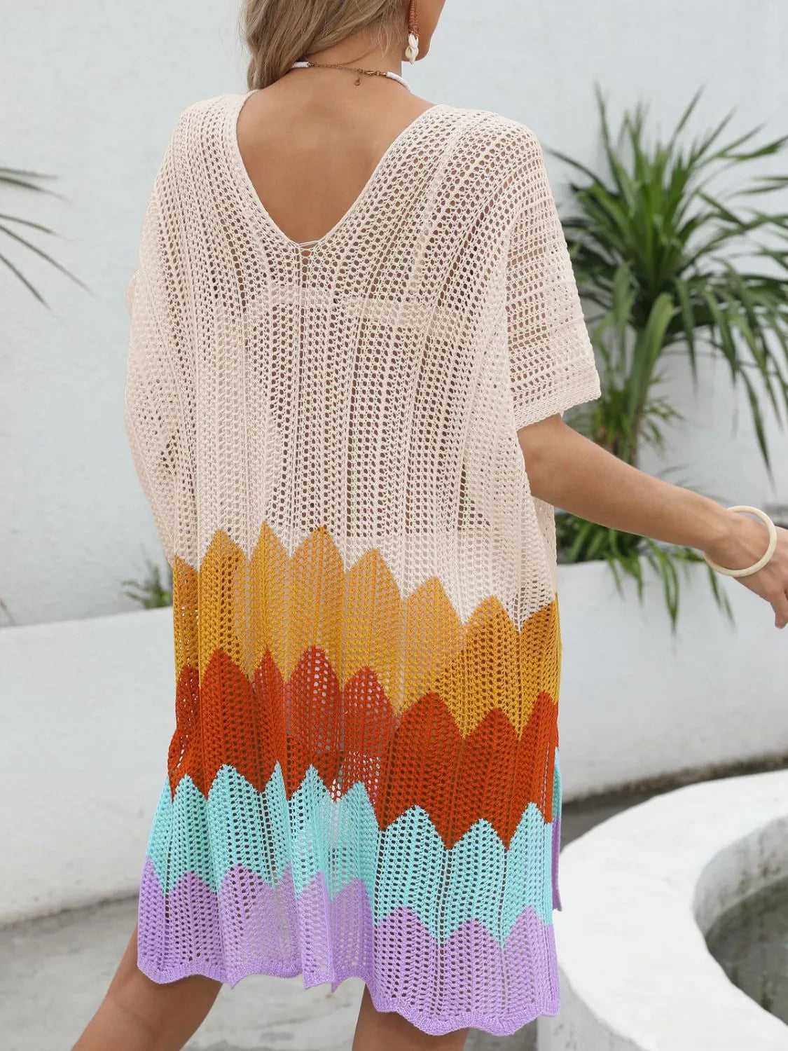 Openwork V-Neck Half Sleeve Cover-Up -