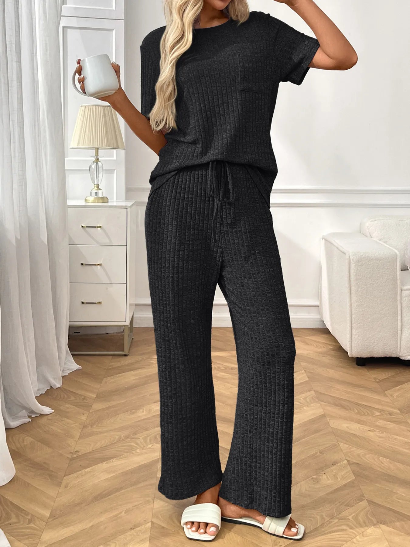 Ribbed Knit Short Sleeve Top and Pants Lounge Set - Black
