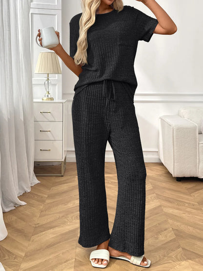 Ribbed Knit Short Sleeve Top and Pants Lounge Set - Black