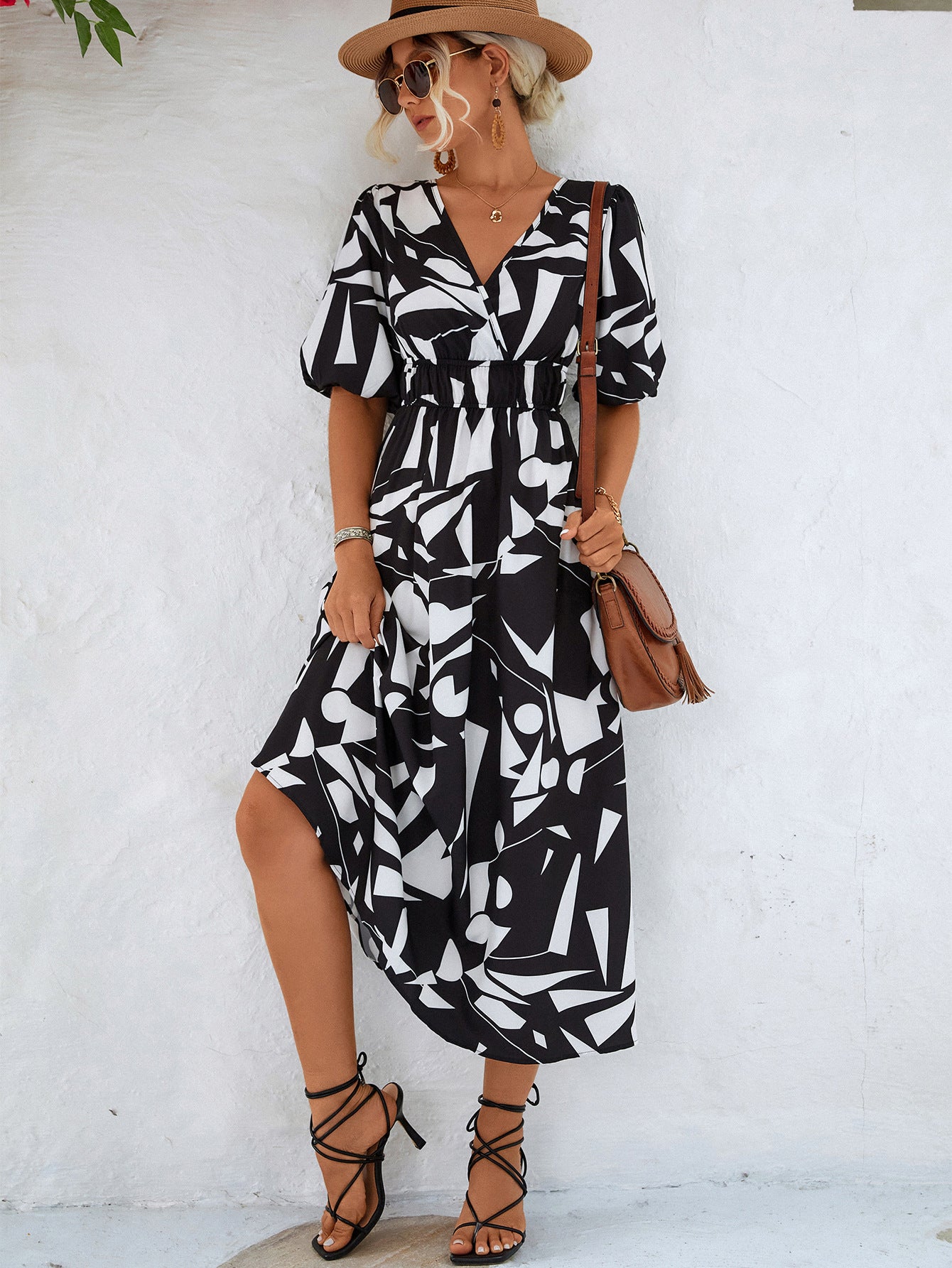 Printed Surplice Balloon Sleeve Dress | AdoreStarr