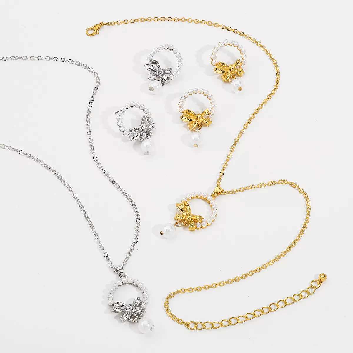 Bowknot Pearl Earrings and Pendant Necklace Jewelry Set -