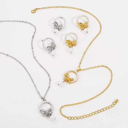 Bowknot Pearl Earrings and Pendant Necklace Jewelry Set -