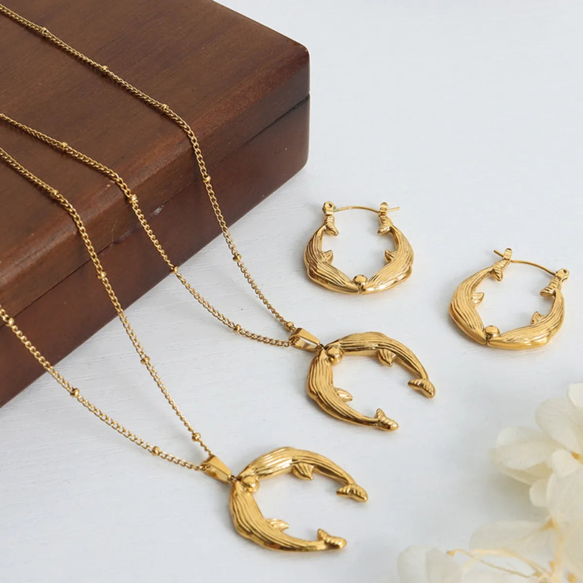 Gold Dolphin Jewelry Set with Necklace and Earrings - Gold One Size