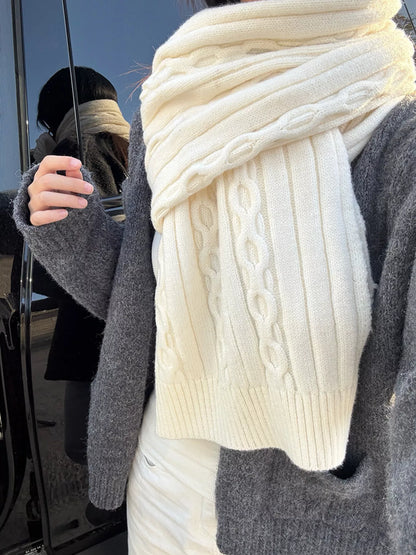 Textured Knit Winter Scarf - White One Size
