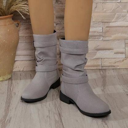 Buckle Accent Block Heel Boots -