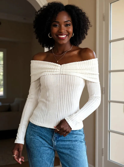Off-Shoulder Ribbed Knit Top - White