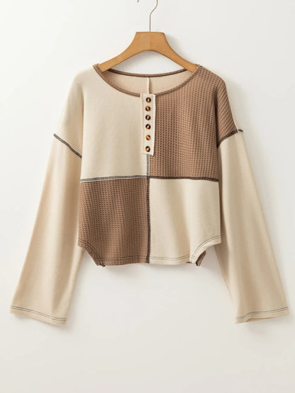 Color Block Stitch Detail Long Sleeve Top -