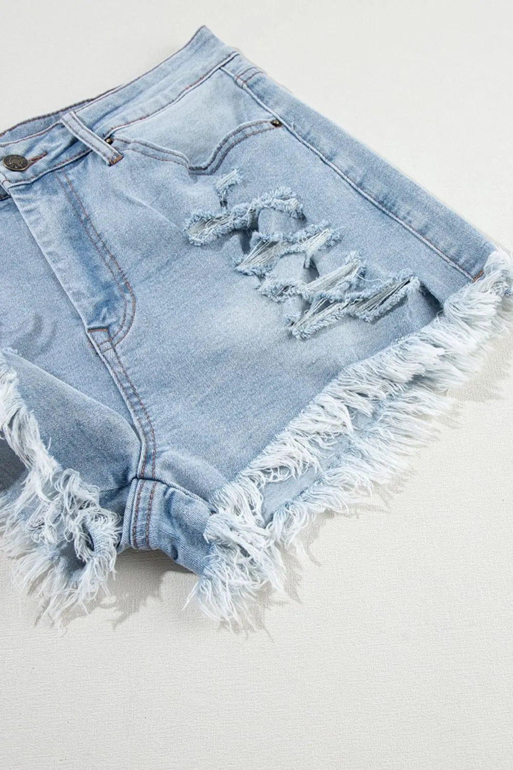 Distressed Raw Hem High Waist Denim Shorts -