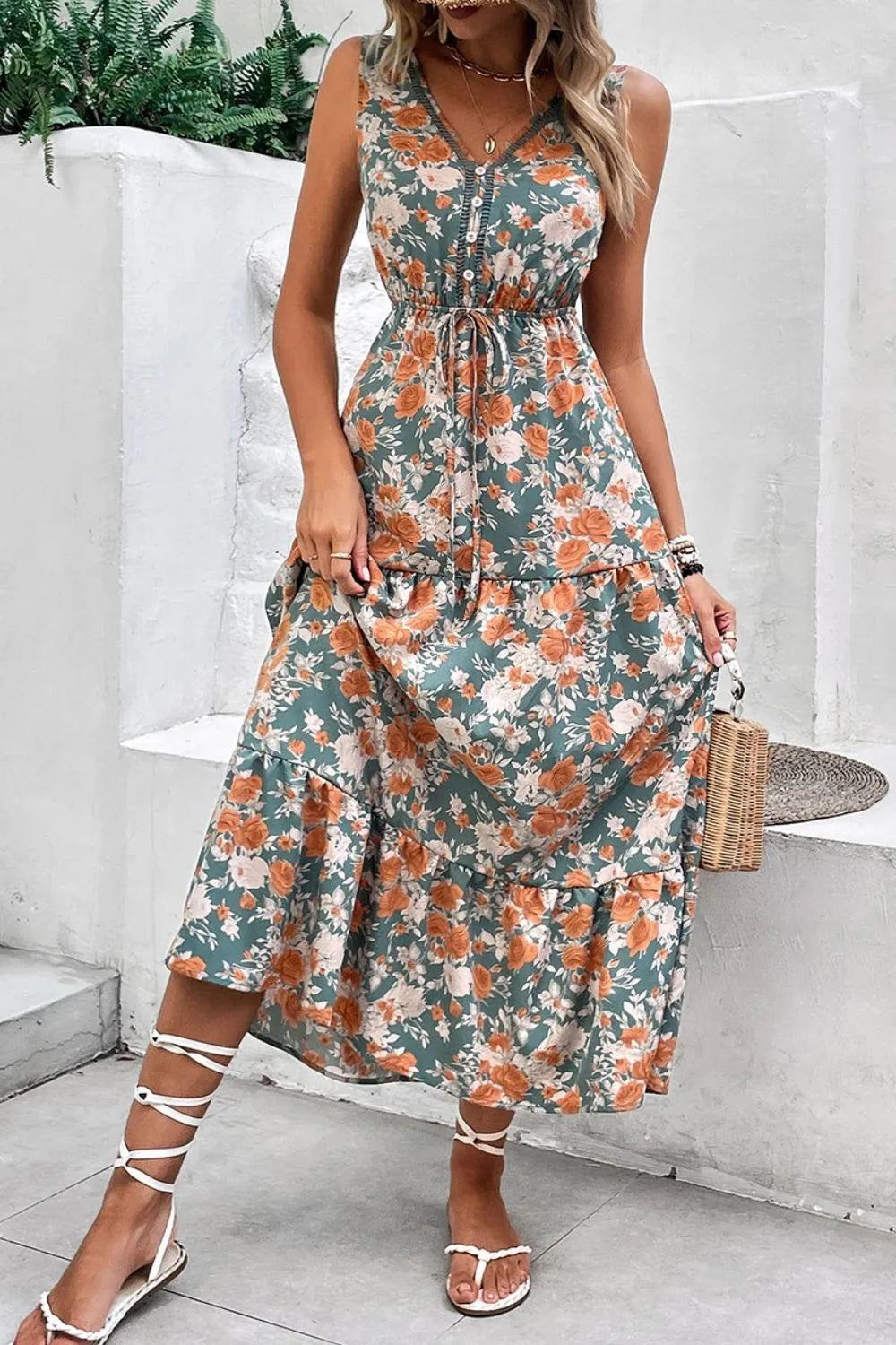 Floral Print Trimmed V-Neck Tie Waist Dress -